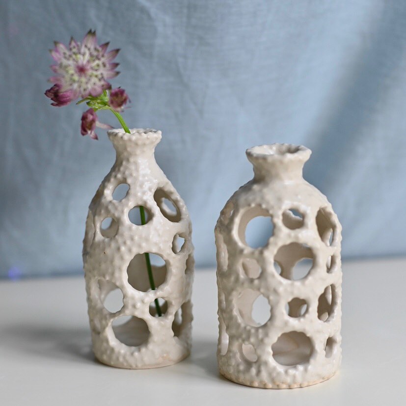 A pair of holey vases with a flower sticking out of one.